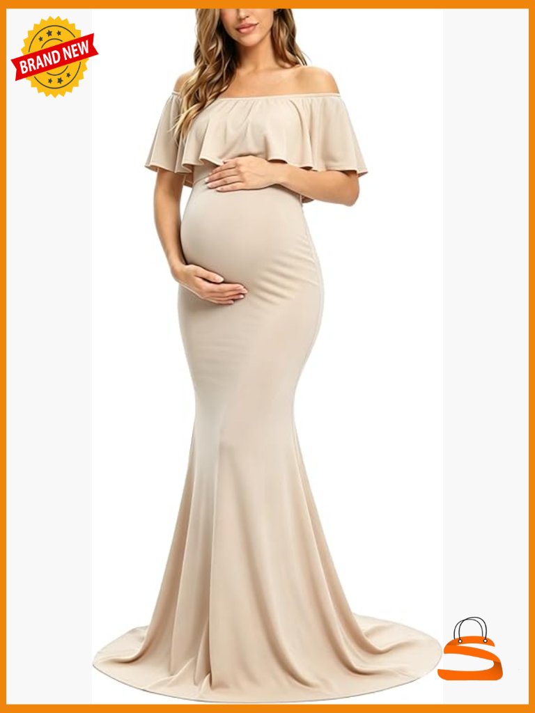 Off Shoulder Maternity Dress Ruffles Maxi Slim Fit Photography Gown